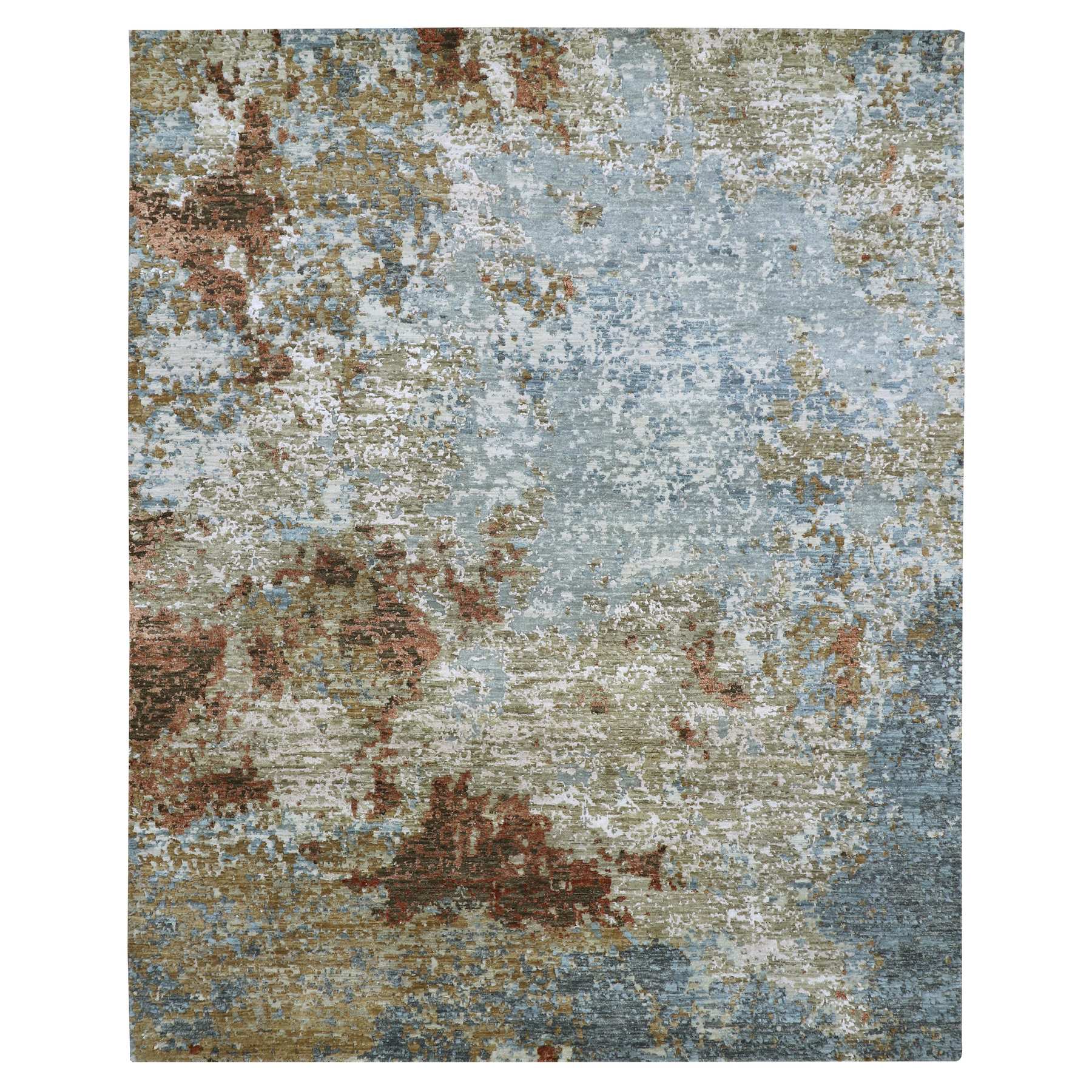 Neutral Gray With Mix of Gold, Hand Knotted, Densely Woven, Pure Wool Abstract Design Oriental Rug